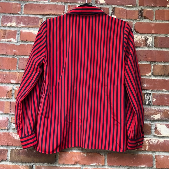 Classy Vintage Joan Leslie Red & Navy Stripped Hidden Button-Down Top - Picture 7 of 8